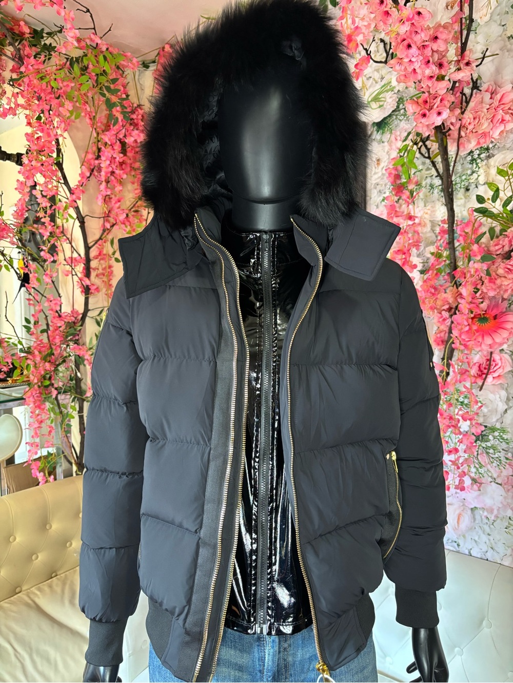 Moose Knuckles Black Fur-Trim Hooded Puffer Jacket